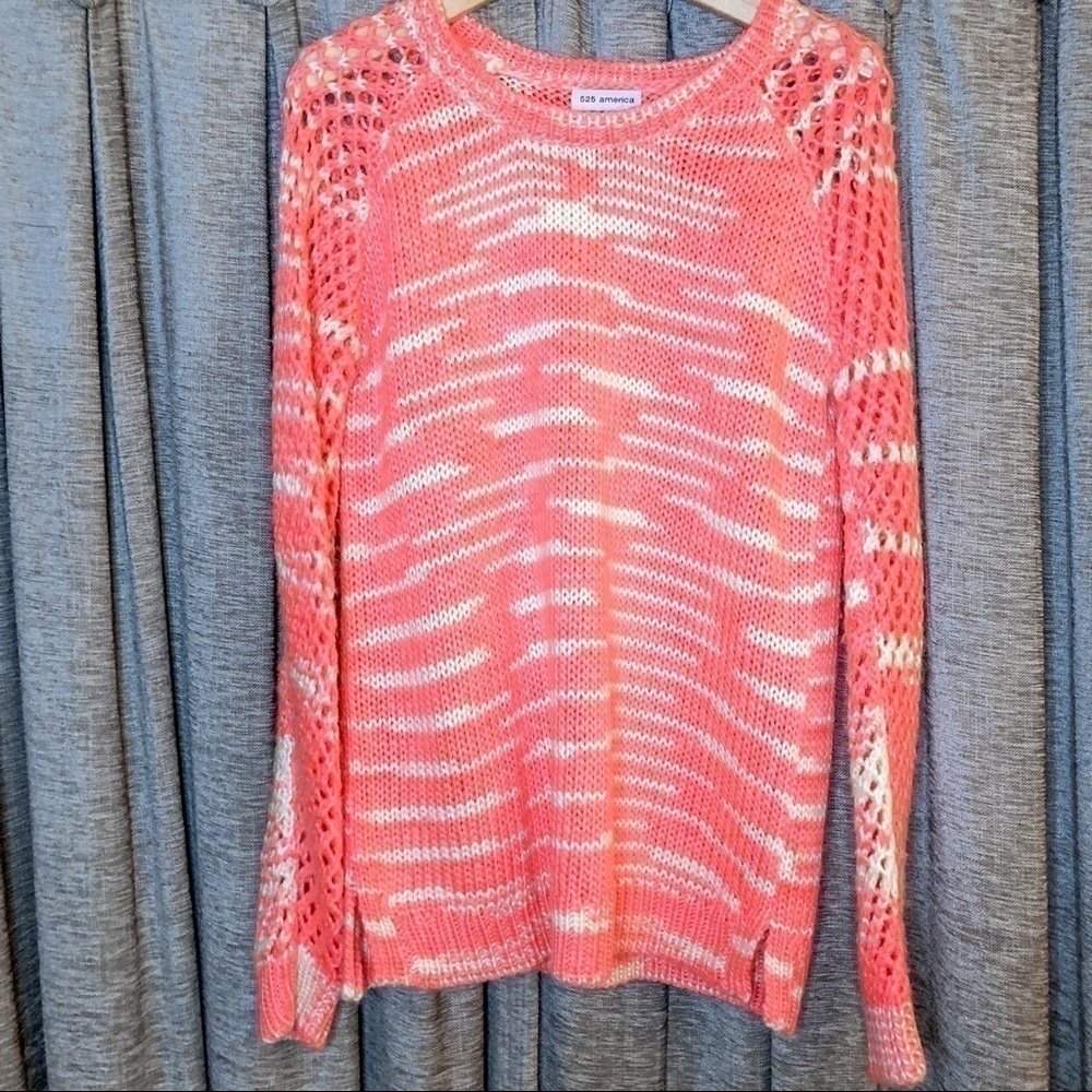 525 America Pink Pink Open Knit Sleeve Wool Blend Crewneck Sweater Size Small